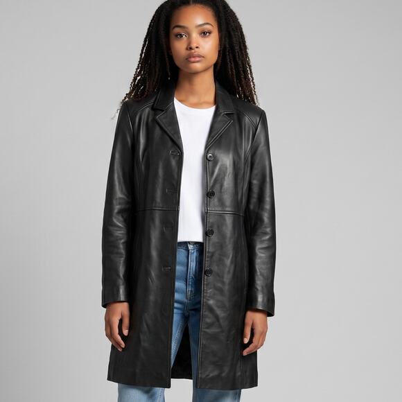 Kenneth Cole Reaction Jackets & Blazers - Womens Jacket Size XL Black Leather Long Duster Soft Winter Fall Outdoor Office